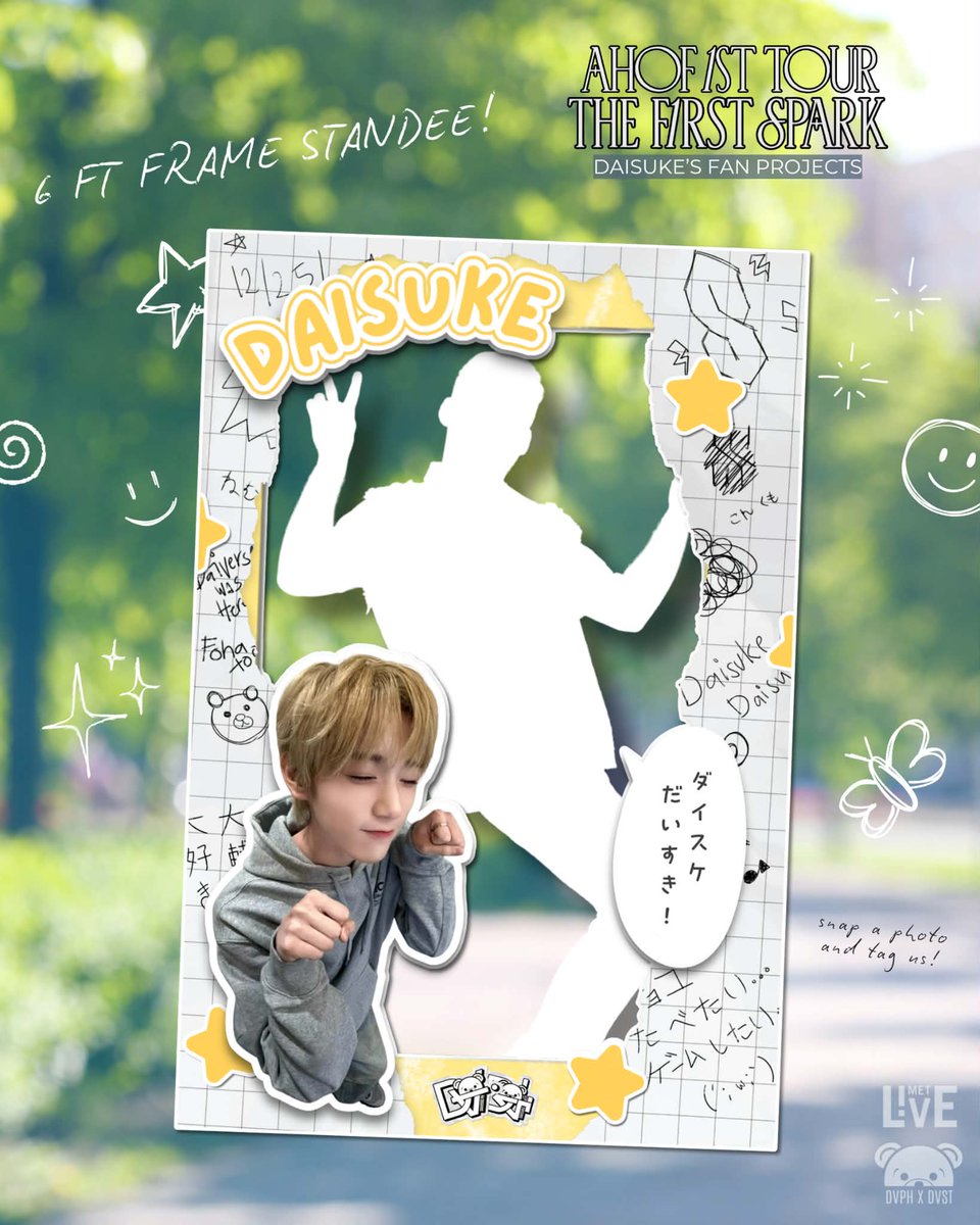 DaisukeversePH's tweet photo. 🎉🐻PROJECT REVEAL: DAISUKE PHOTO FRAME 💛🐻 

We're so excited to finally unveil our Daisuke Photo Frame at the MET Live Fan Zone! ✨ 

📸 Stop by our booth, strike your best pose, and make your concert memories even more special. Want to level it up? Pose with a Giant Dai Bubble Head of your choice for the ultimate Daidai photo! 🫧🐻 

This fan project was made possible through the incredible support of our beloved sponsors and @ah9peprojects . Thank you for helping us bring this project to life!  

See you at the Fan Zone, FOHAs! Let's make unforgettable memories together while showing lots of love for our maknae. 🐻💛 

#DAISUKE #AHOF #아 
#THE_FIRST_SPARK 
#THE_FIRST_SPARK_IN_MANILA 
#FOHAFanzone 
#FOHAMeetsAtMETLIVE