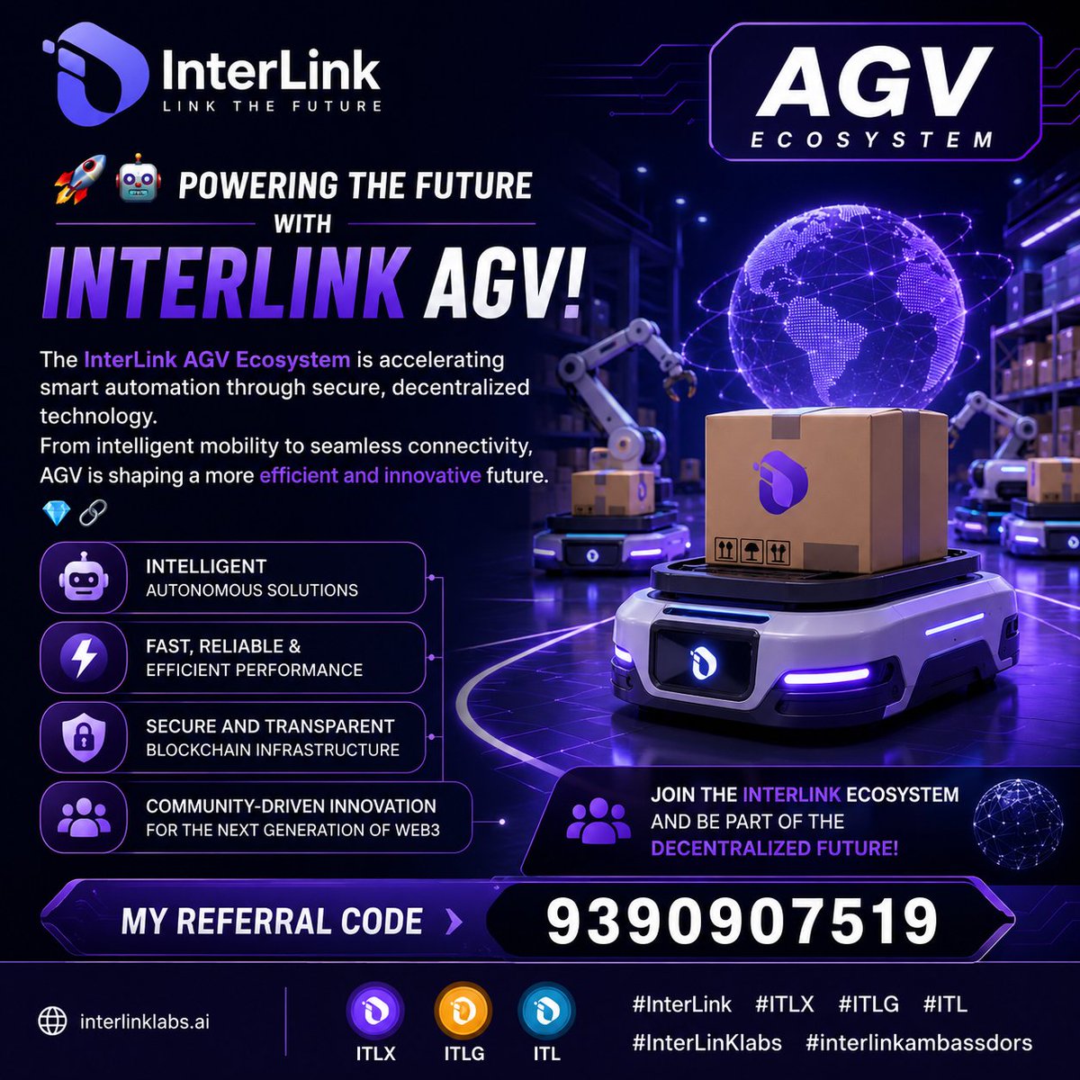 PeruriPravst96's tweet photo. 🚀🤖 Powering the Future with InterLink AGV! 🌐⚡

The InterLink AGV Ecosystem is accelerating smart automation through secure, decentralized technology. From intelligent mobility to seamless connectivity
#InterLink #ITLX #ITLG #ITL #InterLinKlabs #interlinkambassdors https://t.co/erFTX7qkKV