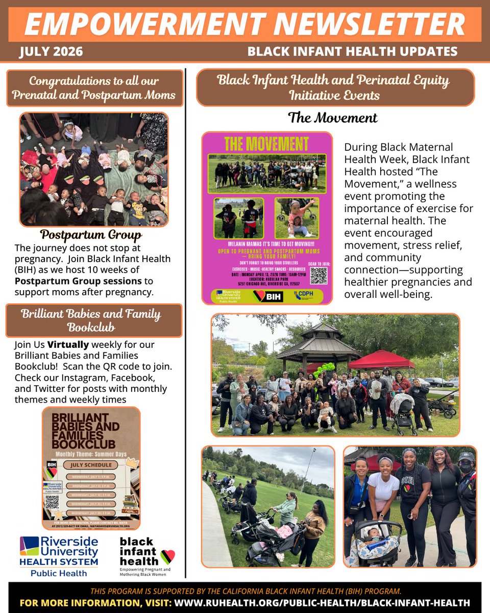 BIHRivco's tweet photo. Hot off the press! Part 1

The Black Infant Health &amp; Perinatal Equity Initiative July Newsletter is here! We’re excited to share updates, highlights, community moments, and the incredible work happening as we continue supporting Black mothers, families, and our community. https://t.co/5aOIV9mV5K