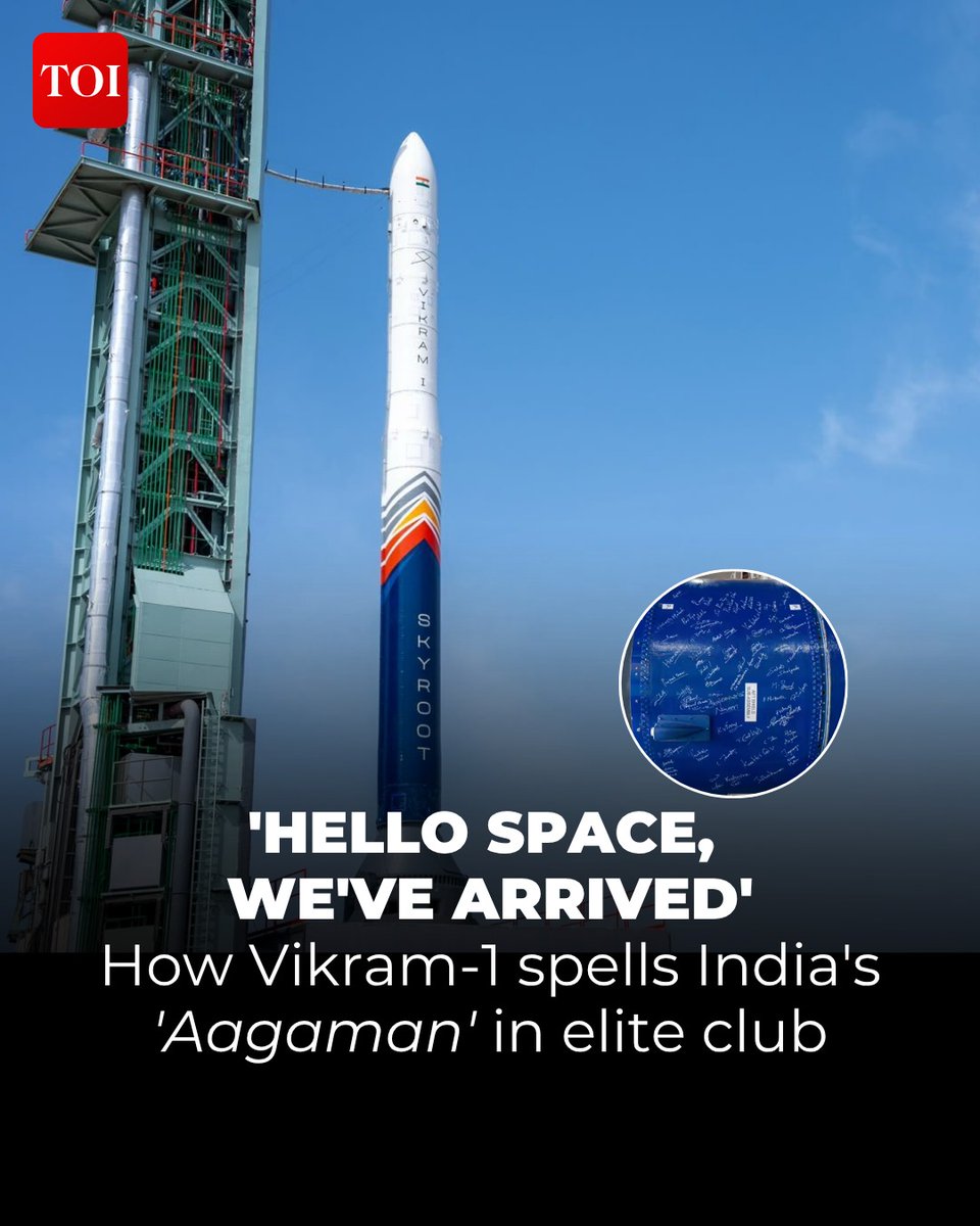 timesofindia's tweet photo. 4... 3... 2... 1... 0. A plume of fire lights up the launch pad. "And we have liftoff!” Vikram-1 soars into the sky, marking a defining moment for India's private space sector.

But this wasn't just another rocket launch. For the first time, an Indian company—not Isro—successfully designed, built and placed its own orbital rocket into space, marking a watershed moment for India's private space industry.

More details 🔗 https://t.co/pCIPjbhK9l

Stay ahead with real-time updates on the TOI App 👉 https://t.co/ogFaRsUKyn

#Vikram1 #SkyrootAerospace #MissionAagaman #ISRO #IndiaInSpace #SpaceTech #SpaceExploration #PrivateSpace #MadeInIndia