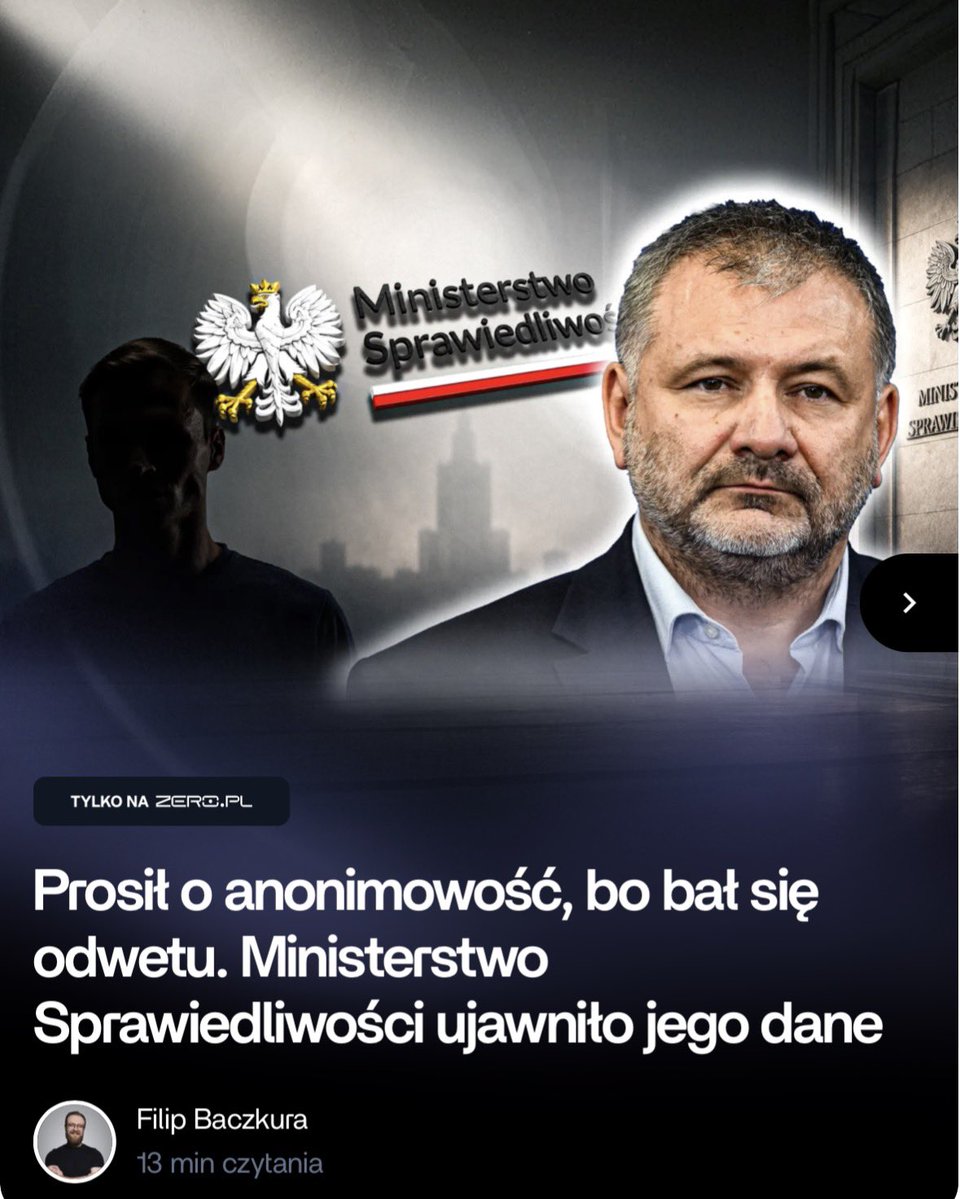 PatrykSlowik's tweet photo. Biegły sądowy zgłosił Ministerstwu Sprawiedliwości nieprawidłowości przy przydzielaniu spraw ekspertom i zastrzegł pełną anonimowość, obawiając się zemsty środowiska. Resort upublicznił jednak jego dane na rządowym portalu. Gdy biegły zażądał wyjaśnień, ministerstwo przeprosiło i wyliczyło mu, jak ujawnienie może zrujnować jego karierę.
Tekst Filipa Baczkury.