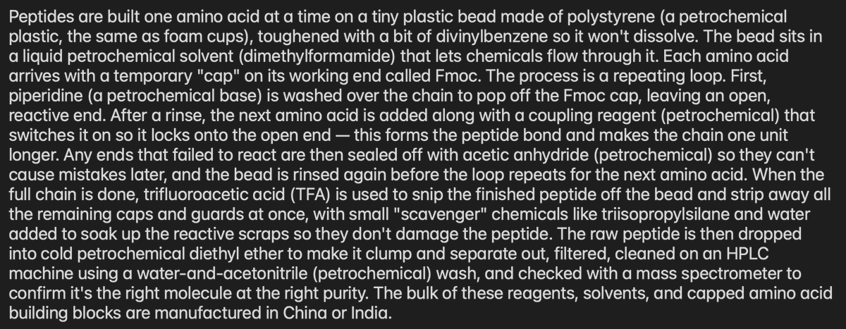 SolBrah's tweet photo. Researching what peptides are actually made of and holy crap it's bad...

you're LITERALLY injecting chinese and indian plastic.

You have to be retarded to willingly put this stuff into your body. https://t.co/mjtXmQuvym