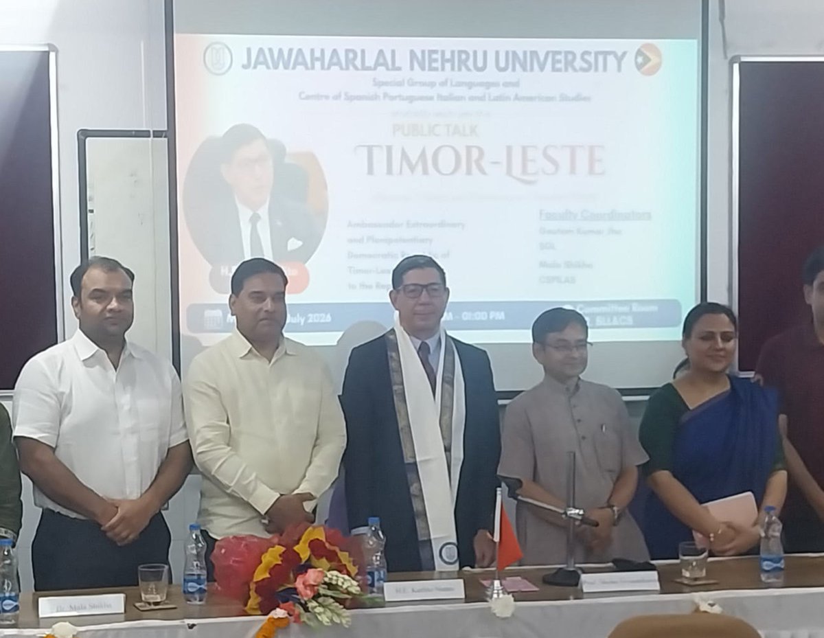 anilaksin's tweet photo. It was my pleasure to welcome H.E. Mr. Karlito Nunes, the Ambassador of Timor-Leste (East Timor) at SGL, SLL&amp;CS along with colleagues from CSPILAS at JNU. His Excellency delivered a public lecture on the topic "Timor-Leste: Language, Culture, and Diplomacy in a Changing World". https://t.co/7R6d0Hv4WH