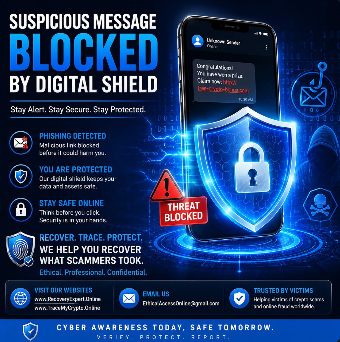ProCyberExpert's tweet photo. Never click unknown links sent through Telegram, WhatsApp, X, or email. Phishing attacks often begin with a single message.

#Phishing #CyberSecurity #CryptoSupport #CryptoExpert #CryptoSecurity https://t.co/5d6ZYOamJL