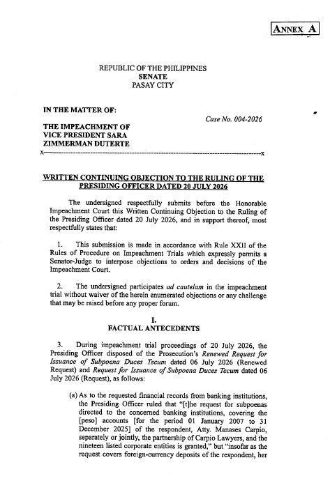 ElizaX11235813's tweet photo. SENATOR-JUDGE ALAN PETER CAYETANO'S

WRITTEN CONTINUING OBJECTION TO THE RULING OF THE PRESIDING OFFICER DATED 20 JULY 2026

as published on the VPSD IMPEACHMENT TRIAL JOURNAL 20 JULY 2026 (1/3) https://t.co/OOwj67elgW