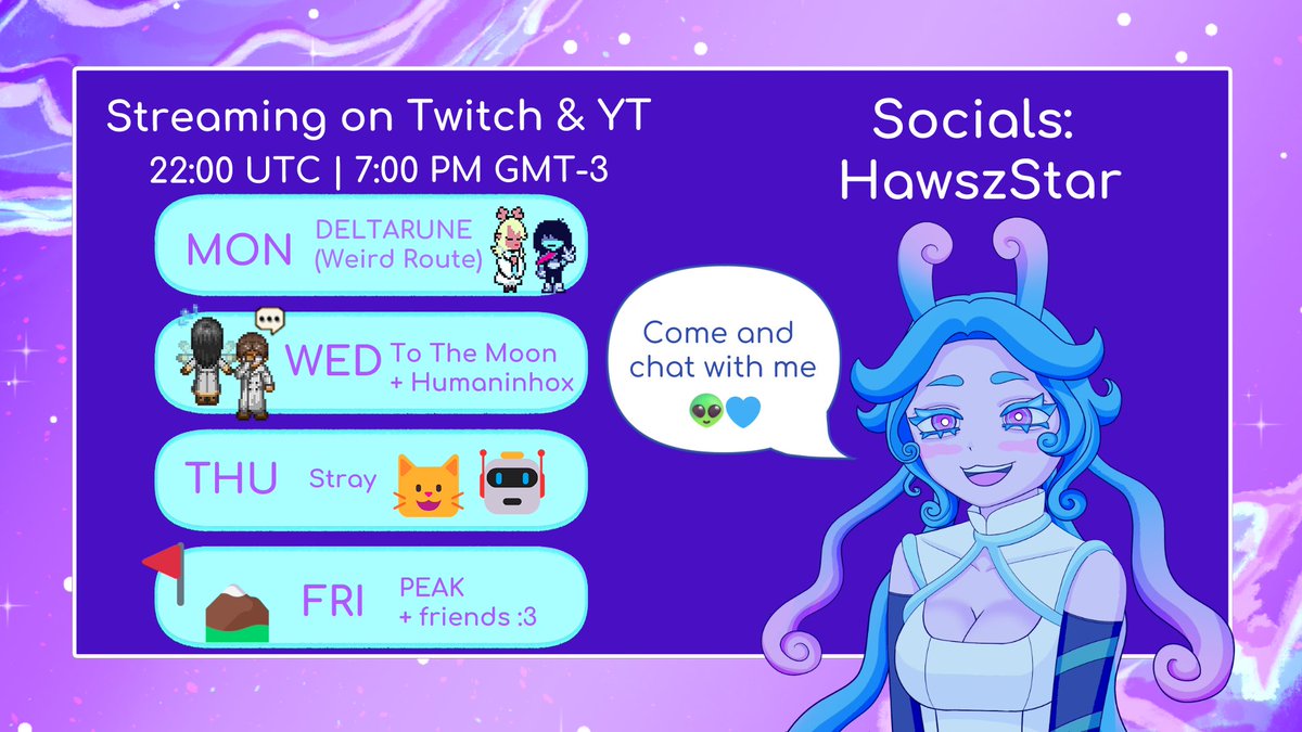 HawszStar's tweet photo. Hii humans 🪐
Here's my new schedule for you :3      
Twitch: https://t.co/glr2snQcAr   
YouTube: https://t.co/AUPBPlbShc 

#pngtuber #deltarune #stray #peak #tothemoon #indiegame #streamer #alien #hawszstar https://t.co/84JktYlVcy