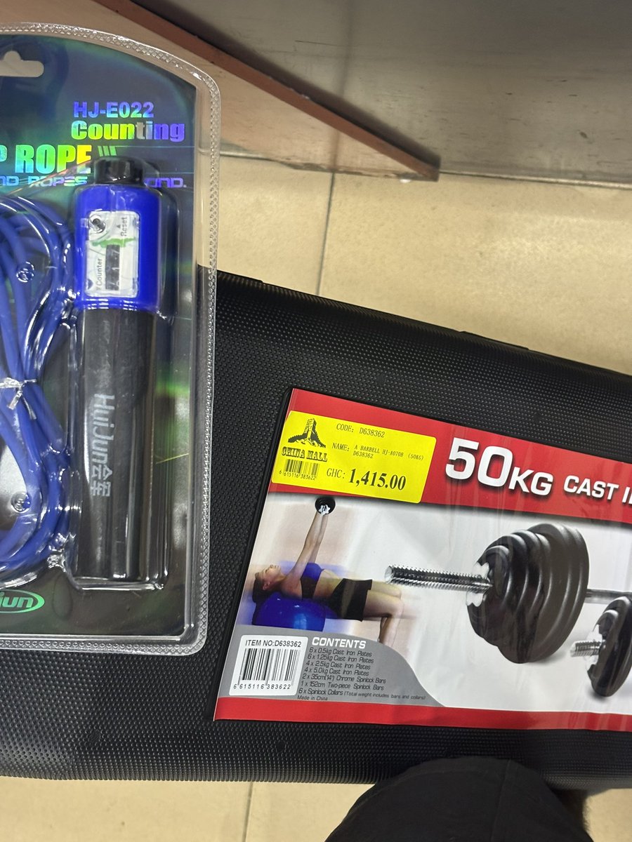 _The_Glover's tweet photo. Got this 50kg set at China mall for 1,415cedis. Digital skipping rope was like 30 cedis or so I don’t remember. Do with this information what you will. 
Cheers 🥂 https://t.co/84KDdMOe8t