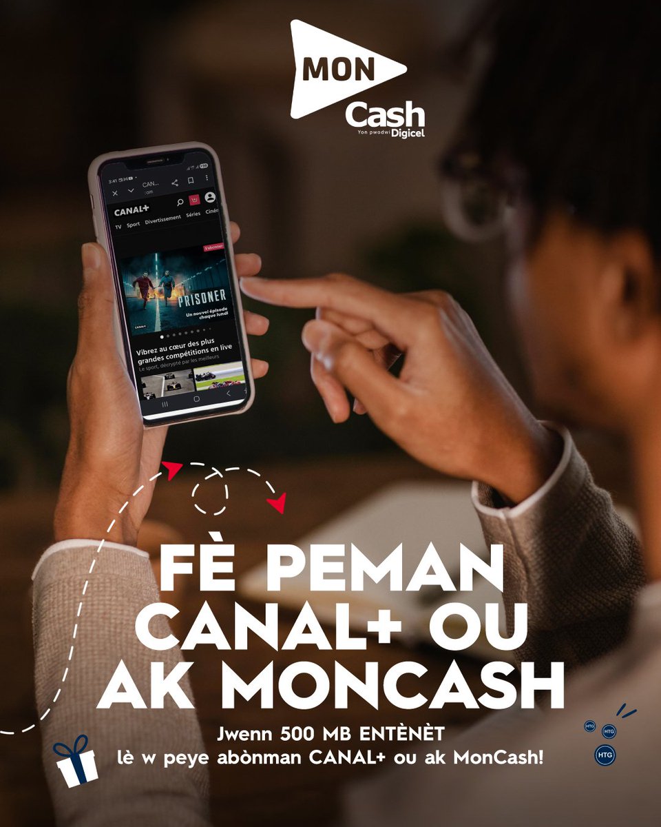 DigicelHT's tweet photo. Lè w peye abònman Canal+ ou ak MonCash wap jwenn 500MBs pou w itilize byen trankil. Ou pa deplase, abònman w rete aktif epi w jwenn diplis.
Peye abònman Canal+ ou kounya ak MonCash pou w pa rate Òf Espesyal sa a.
#MonCash #CanalPlus https://t.co/d8lkUNOxtl