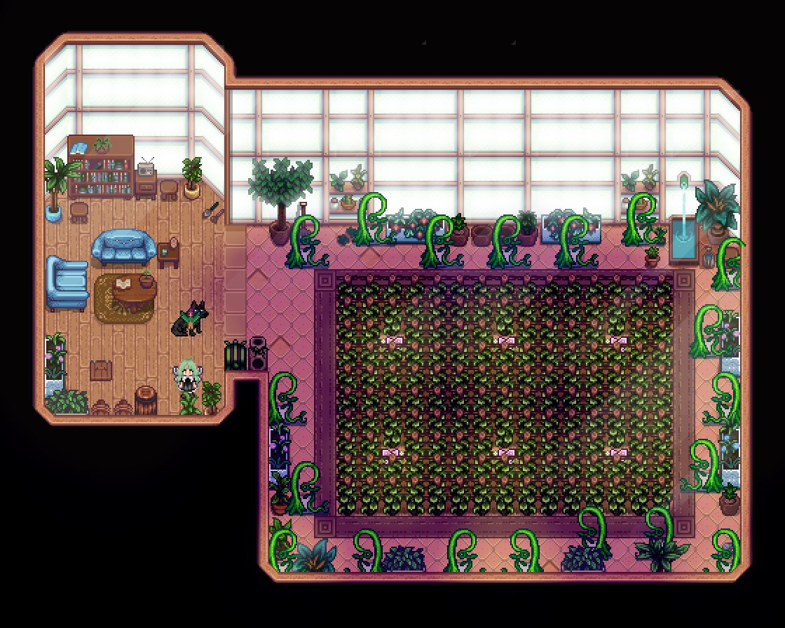 PastelArciel's tweet photo. these 3 are, theres a greenhouse added on top of the sauna, a greenhouse in the shed on the left side of the frontier farm, and the default greenhouse that some mod has made larger, and included a cellar for casks https://t.co/U2waNsbJss