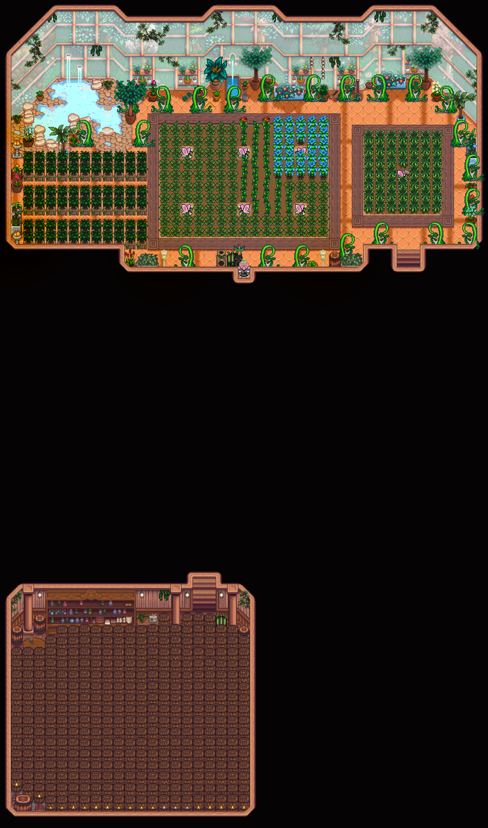 PastelArciel's tweet photo. these 3 are, theres a greenhouse added on top of the sauna, a greenhouse in the shed on the left side of the frontier farm, and the default greenhouse that some mod has made larger, and included a cellar for casks https://t.co/U2waNsbJss