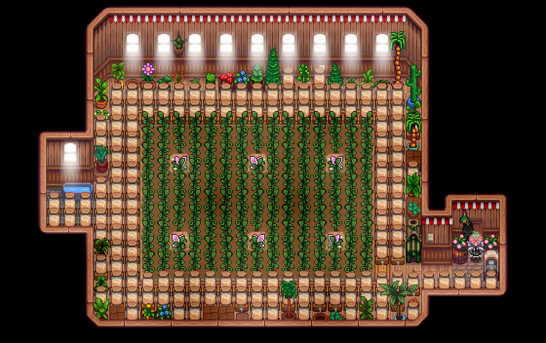 PastelArciel's tweet photo. these 3 are, theres a greenhouse added on top of the sauna, a greenhouse in the shed on the left side of the frontier farm, and the default greenhouse that some mod has made larger, and included a cellar for casks https://t.co/U2waNsbJss