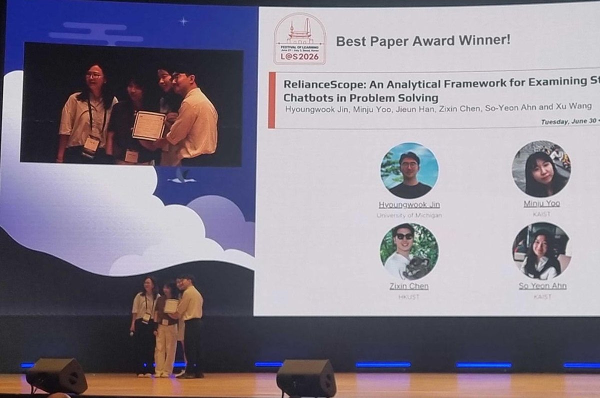 UMichCSE's tweet photo. Congrats to Prof @xuwanghci, @HyoungWookJin &amp; co-authors on winning Best Paper at #L_AT_S 2026 for RelianceScope! 🏆

Their study found 44% of student-AI interactions are passive. The fix? Teaching students to ask better questions.

🔗https://t.co/TClSg24nu3 https://t.co/0HzjexJhzK