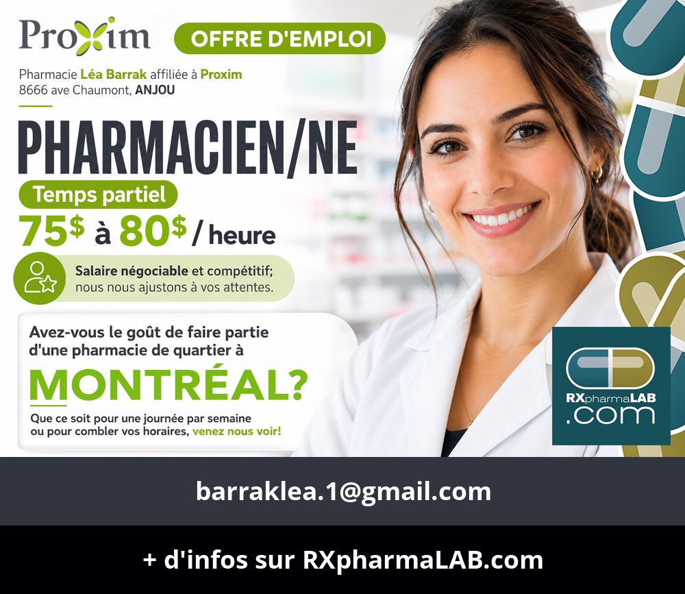 formatp's tweet photo. https://t.co/Ylh4dwSNnV #Pharmacien #Pharmacienne → #Anjou → #Pharmacie Léa Barrak
barraklea.1@gmail.com
Besoin de personnel ? Diffusez vos offres d'#emploi ici et attirez les meilleurs talents. https://t.co/ba4Dg4V4jA
#Anjou #Proxim #RXpharmaLAB #Montréal https://t.co/cSiTN1BqaZ