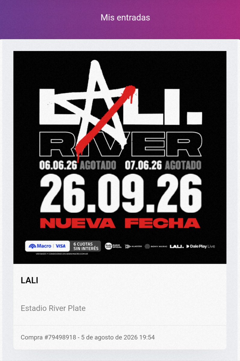 aylen_cavs's tweet photo. Conseguí, vamos los pibes nos vemos el 26 wacha @lalioficial https://t.co/b5JCtzbzXG