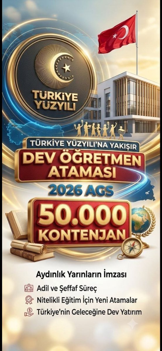 haticeucguc's tweet photo. Ücretli öğretmenlik yerine kadrolu istihdam güçlensin. 2026 AGS’de 50 bin öğretmen ataması eğitim için önemli bir adımdır.
@RTErdogan @dbdevletbahceli @Yusuf__Tekin @TalipGeylan06 @tcmeb @Akparti @tciletisim #MebAGS50Bin

#MebAGS50Bin https://t.co/6eioV0rYr2