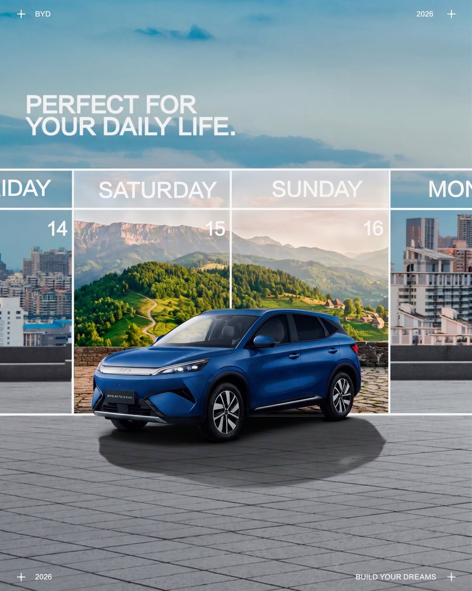 BYDCompany's tweet photo. Every day can lead somewhere different. The BYD ATTO 3 EVO is ready for wherever the week takes you. https://t.co/ow4xwhcjyi