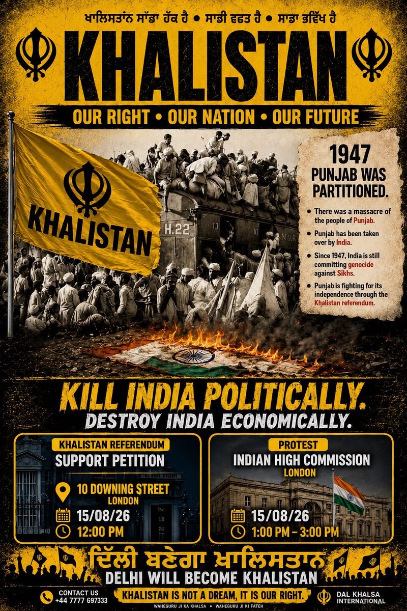 SFJNewsUpdate's tweet photo. 🔥KHALISTAN REFERENDUM SUPPORT PETITION
🏛️10 DOWNING STREET
📍LONDON TIME 12:00 PM
🔥BURN da Tiranga 🇮🇳
🔥15 August 2026 Saturday
Time 1:00 PM TO 3:00 PM
🔥📍High commission of India 🇮🇳 London United Kingdom 🇬🇧
#London #Khalistani #Sikh #itfc #Uk https://t.co/6JPEbXsdvK