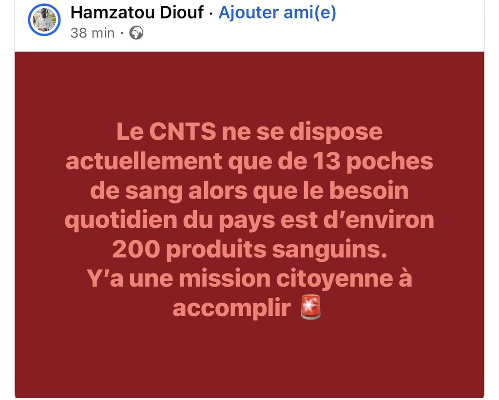 PalatyrDiouf1's tweet photo. 🩸 Appel au don de sang

Le CNTS fait face à une pénurie de sang. Votre don peut sauver une ou plusieurs vies.

Si vous êtes en bonne santé, faites un geste de solidarité en donnant votre sang.

Donner son sang, c’est sauver des vies. ❤️ https://t.co/GRiq97oe5d