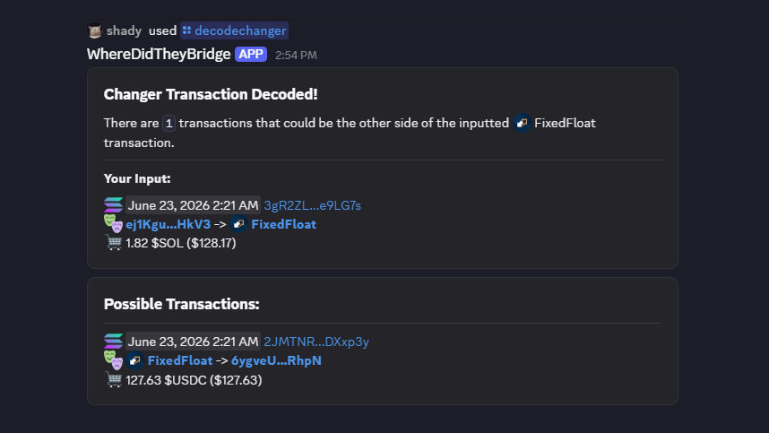 DidTheyBridge's tweet photo. 5/ The bots live where your team already is.

🤖 Discord: /bridgecheck any wallet or decode a swap right in the channel, so everyone sees the same trace.

✈️ Telegram: the same lookups in private chats and groups.

Link your account and the bots share your web plan and quota. https://t.co/1FiSz53S4O