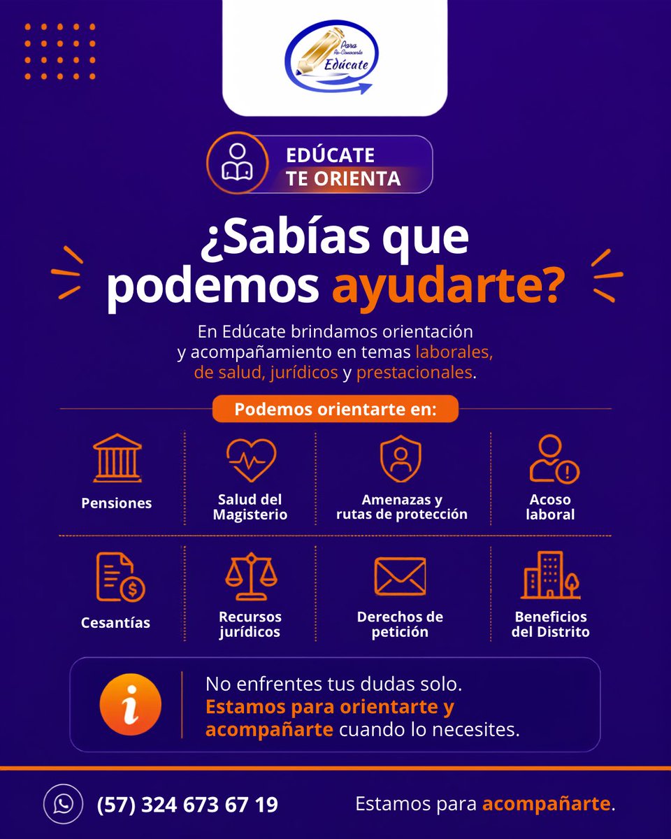 MaestrosEducate's tweet photo. En Edúcate no estás solo. Te brindamos orientación y acompañamiento especializado para proteger tus derechos y resolver tus trámites con tranquilidad. 

📲 ¡No enfrentes tus dudas solo! Escríbenos directamente al WhatsApp para recibir la orientación que necesitas. https://t.co/H9JBLDi7xx
