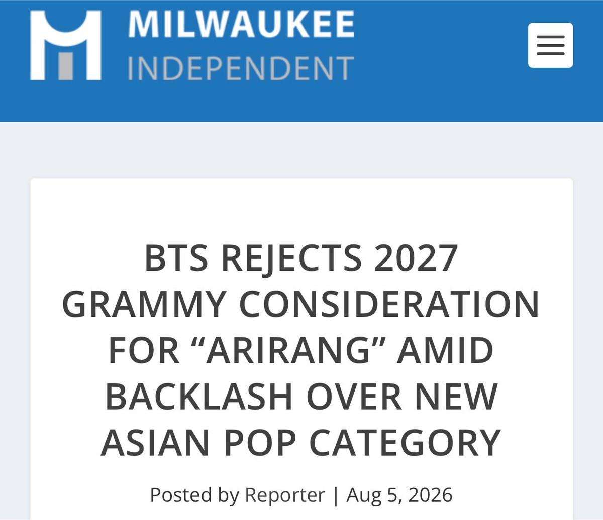 lemongukk's tweet photo. MILWAUKEE INDEPENDENT——
The problem was not that Asian music received an additional trophy. It was that the new trophy would become the place where Grammy voters directed Asian artists instead of recognizing them throughout the broader pop field and the ceremony’s most prestigious categories. 

A category promoted as representation could function as a containment mechanism — recognition without full equality. 
That interpretation drew strength from BTS’ history with the Grammys. The group became one of the most commercially powerful and culturally influential acts in the world, topped the Billboard charts, sold out major stadiums and repeatedly delivered marquee Grammy performances. 

The Recording Academy benefited from the attention of BTS and its global fan base. Yet the group’s five nominations produced no wins, and BTS never received a nomination in the general-field categories that define the ceremony’s institutional hierarchy.

Fans saw a recurring message: BTS was global enough to demonstrate the international relevance, but not sufficiently accepted to be treated as an unqualified part of the pop establishment.

The new Asian pop category therefore appeared less like the removal of a barrier than the construction of a more decorative one. Critics connected the dispute to the recording industry’s long history of sorting artists of color into racialized categories.