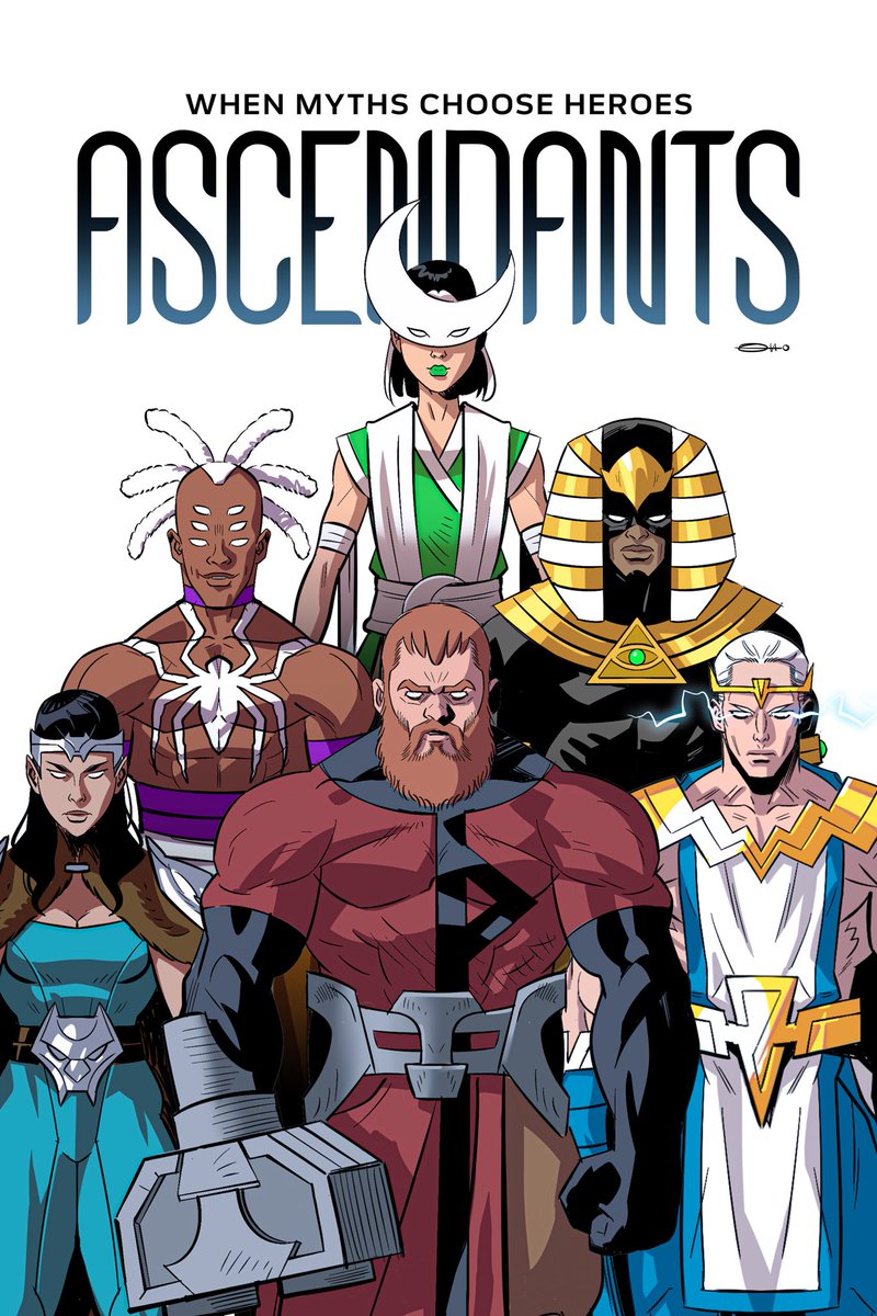 simpledototto's tweet photo. Started as a simple character design exercise…Somehow it turned into a small universe of myth-inspired superheroes. Here’s a rough cover using the characters I’ve finished so far.I’m having a lot of fun building this world.
#Ascendants #OriginalCharacter #ComicArt #IndieComics #ConceptArt