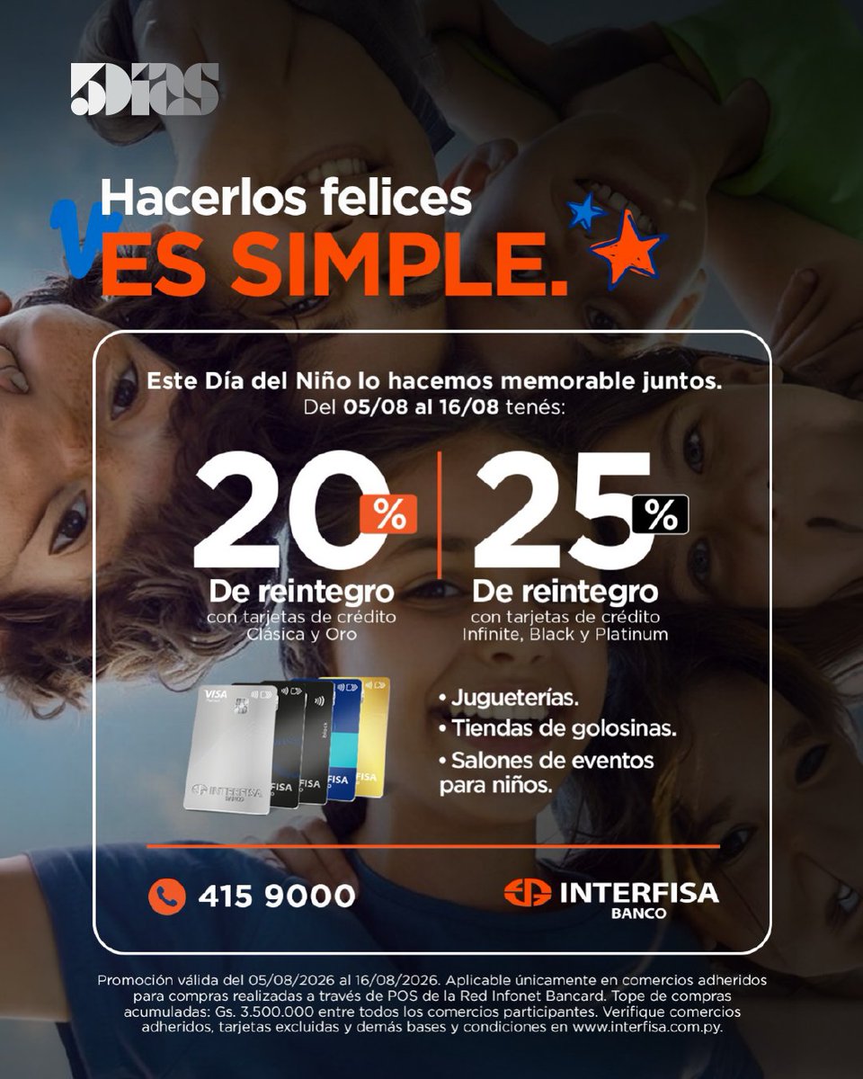 5DiasPy's tweet photo. 🎁 Este Día del Niño, hacer sonreír a los más pequeños también tiene recompensa. Aprovechá hasta 25% de reintegro con las tarjetas Cerdito Interfisa en comercios adheridos y celebrá ahorrando.
#Interfisa #DíaDelNiño #Reintegro https://t.co/mfMKJLC5lP