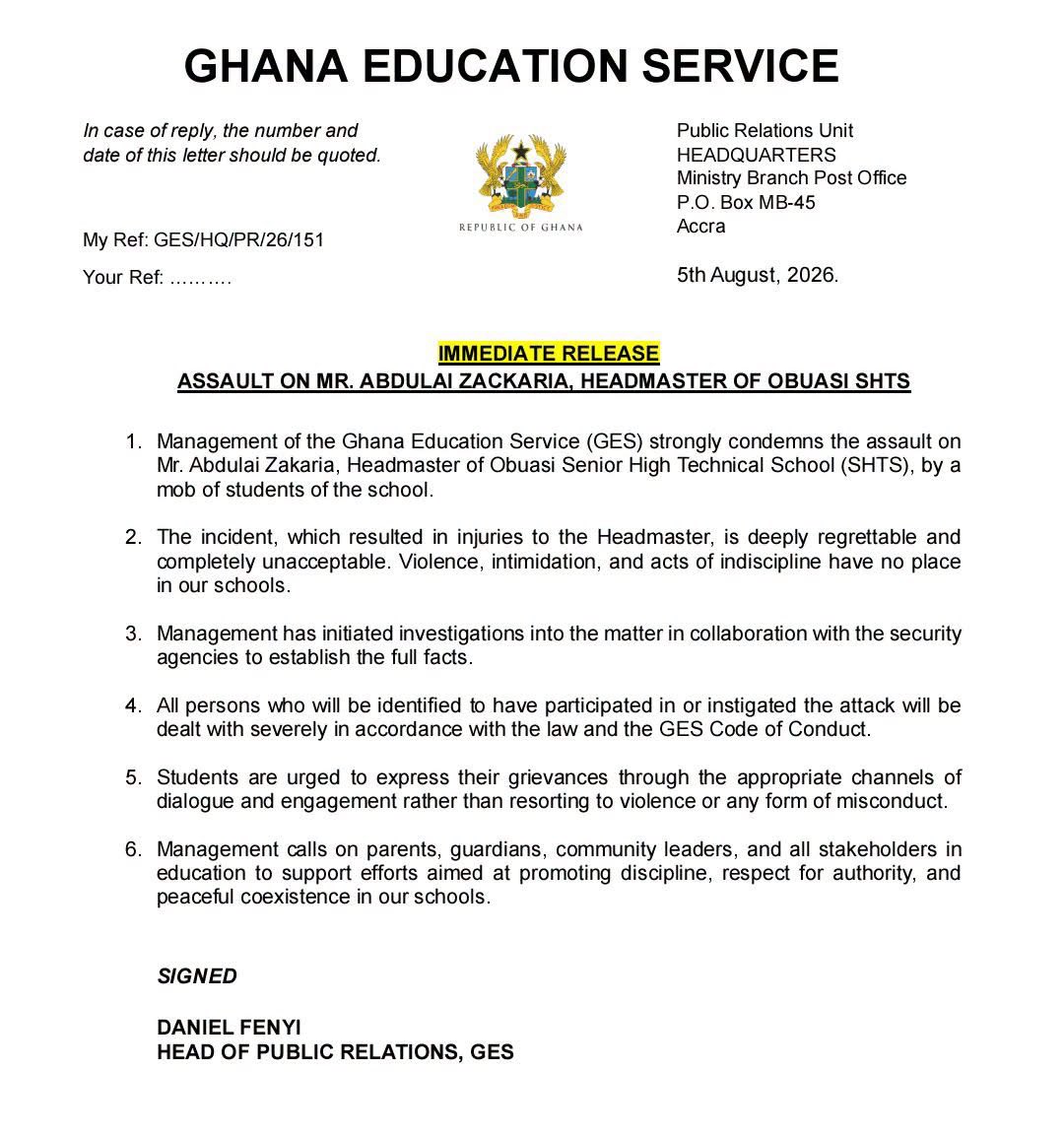 highschoolhitz's tweet photo. 🚨 🚨 GES has condemned the assault on Obuasi SHTS Headmaster, Mr. Abdulai Zakaria, and says investigations are underway. The Service warns that all those involved will face disciplinary and legal action while urging students to resolve grievances peacefully.

#highschoolhitzgh https://t.co/88peX1tqNp