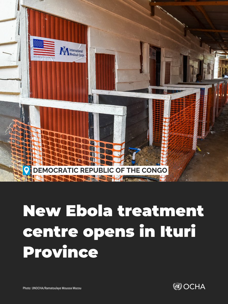 UNOCHA's tweet photo. In #DRC, a new 100-bed Ebola treatment centre has opened in Bunia, Ituri Province, to support the growing response.

More than 3,800 confirmed Ebola cases have been reported across five provinces, with Ituri remaining the epicentre.

Read more: https://t.co/fyhnyvsLa9 https://t.co/PGuldZ2Rcu