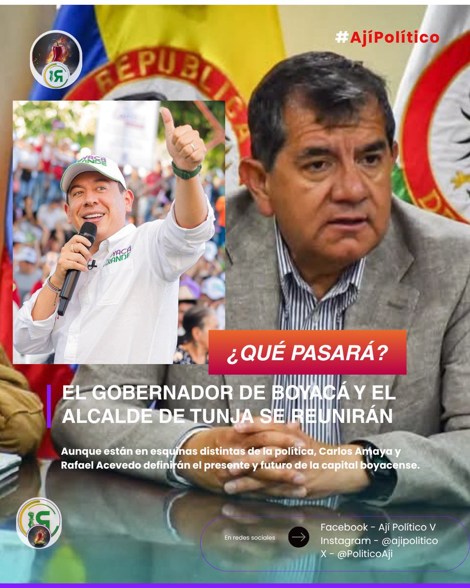 PoliticoAji's tweet photo. #AjíPolítico 🌶 @CarlosAmayaR y #RafaelAcevedo se reunirán para definir el presente y futuro de #Tunja.

Movilidad. 
Vías.
Plaza del Norte.
Hospital Metropolitano.
#UPTC.
Estudiantes.

Son temas por tratar.

@AlcaldiaTunja
@GobBoyaca https://t.co/jTP1vSMcxY