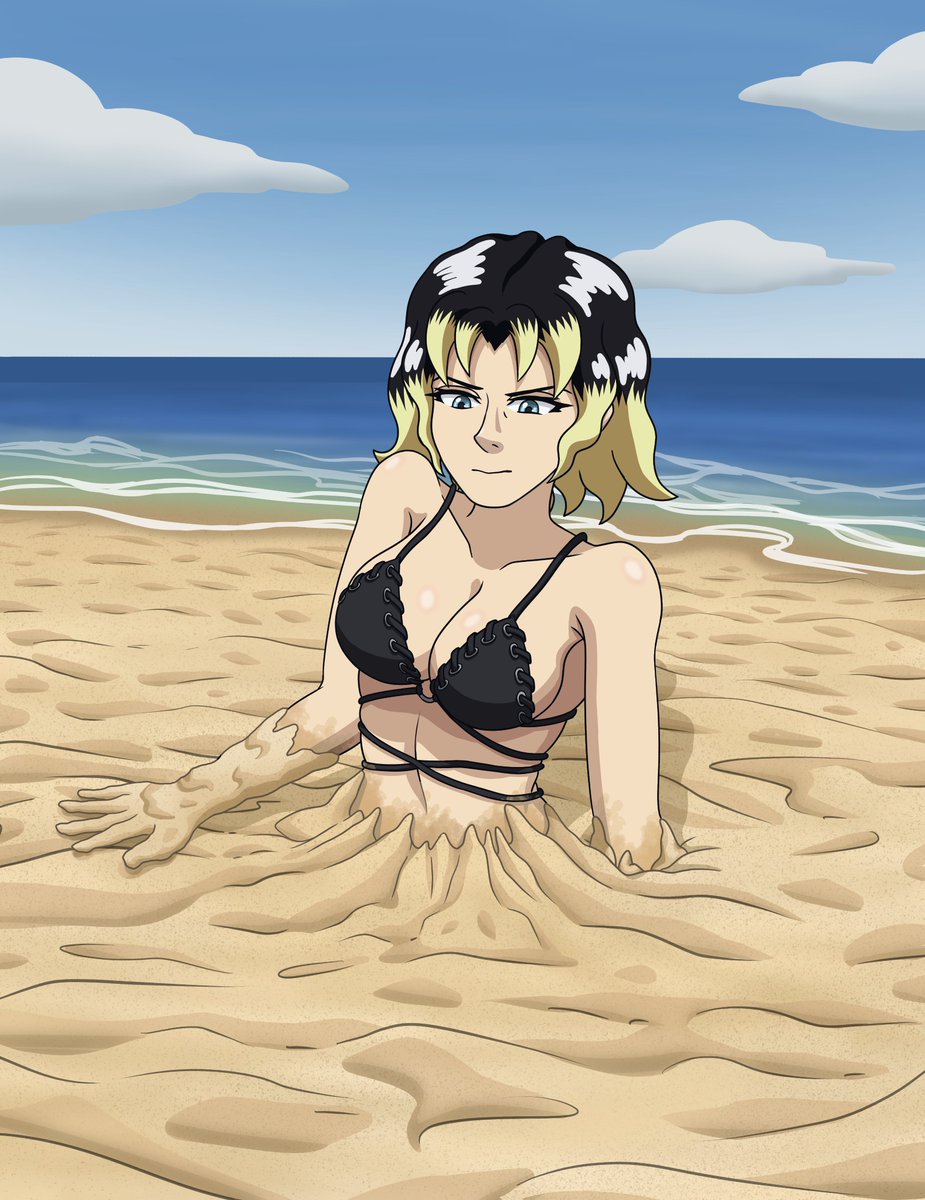 japier93's tweet photo. Tatiana is an OC created by @Willow9712.

Posted with prior permission from 09 to use their OC.
Commissioned by an anonymous, as requested.

After completing a major contract, Tatiana decided to reward herself with a well-earned vacation on a tropical island. Even while on holiday, the feared mercenary couldn't completely let her guard down. After checking into her hotel early that morning, she changed into her bikini and headed straight for the beach in search of a quiet place away from the crowds. Finding a secluded stretch of sand, she slipped off her sandals, laid down her towel, and went to retrieve a nearby beach umbrella before settling in.

When she returned, her belongings had vanished. The disappearance immediately put her on alert, but before she could investigate, the seemingly ordinary sand beneath her feet gave way. Hidden beneath the beach was a thick, waterlogged bog, its sticky grip tightening around her legs before she had a chance to react.

Disgusted by the clinging mud but refusing to panic, Tatiana fought back with everything she had. She struggled relentlessly, nearly pulling herself free. For a brief moment she managed to free her hips and thought she had escaped, only for the beach bog to seize her again. The heavy, sticky sand wrapped itself around her body, dragging her back down and refusing to let go.

Now trapped up to her waist, with one arm buried deep in the bog and the other resting on its surface, Tatiana remains remarkably composed. She carefully studies her surroundings, searching for any opportunity to escape, unwilling to surrender to something as humiliating as a patch of mud. Yet with every passing moment, the relentless beach bog continues to tighten its grip, pulling the infamous mercenary deeper, inch by inch.

Thank you for the comission by anonymous!!

#Quicksand #粘着拘束 #底なし沼 #InternationalMudDay #mud #stuck #QuicksandFetish