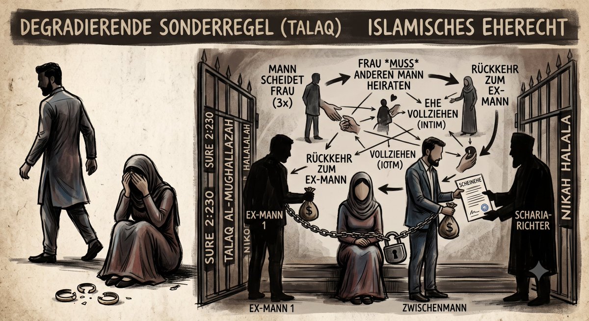 kiankerman's tweet photo. Hier ist eines der idiotischsten islamischen Gesetze, die man sich im Islam vorstellen kann:

🔴Willkommen in der wunderbaren Welt der Scharia – wo ein Mann seine Frau zweimal scheiden und zurückholen darf, aber beim dritten Scheidungsausspruch (Talaq) die „Sonderregel“ nach Sure 2:230 greift:

"Wenn er sich (ein drittes, unwiderrufliches Mal) von ihr scheidet, dann ist sie ihm nicht mehr (als Gattin) erlaubt, ⚠️bevor sie nicht einen anderen Mann geheiratet hat. ⚠️Wenn dieser sich von ihr scheidet, so ist es keine Sünde für die beiden, zu einander zurückzukehren, wenn sie (dabei) glauben, Allahs Grenzen einhalten zu können. Dies sind Allahs Grenzen, die Er Leuten klar macht, die Bescheid wissen."

Wer seine Frau dreimal impulsiv/Anm: aus Wut) scheidet (Talaq al-Mughallazah), kriegt sie nicht einfach so zurück. Die Lösung? Die Frau muss erst einen anderen Mann heiraten, die Ehe muss vollzogen werden(Beischlaf) und erst nach Ablauf der Wartezeit (Iddah - 3 Monate) nach Scheidung oder Tod des Neuen darf der Ex-Mann sie wieder ehelichen.

Ein "vernünftiges" Regelwerk, das angeblich Männer vor voreiligen Entscheidungen bewahren soll, indem es die Frau zur intimen Zwischenstation eines Fremden degradiert. Dieses Scheidungsgesetz ist ethisch völlig daneben, weil es einfach nur unnötiges Leid für die Frau erzeugt. Warum muss bitteschön die Frau dafür büßen, wenn der Mann seine Wut nicht im Griff hat und dreimal die Scheidung ausspricht? Sie wird dabei zum reinen Werkzeug degradiert, das erst mit einem Fremden ins Bett muss, damit der Ex seinen Fehler korrigieren kann. Welche Frau will so einen Mann zurück?
Und Muslime verteidigen dieses Gesetz als "Allahs Weisheit"... Bullshit!