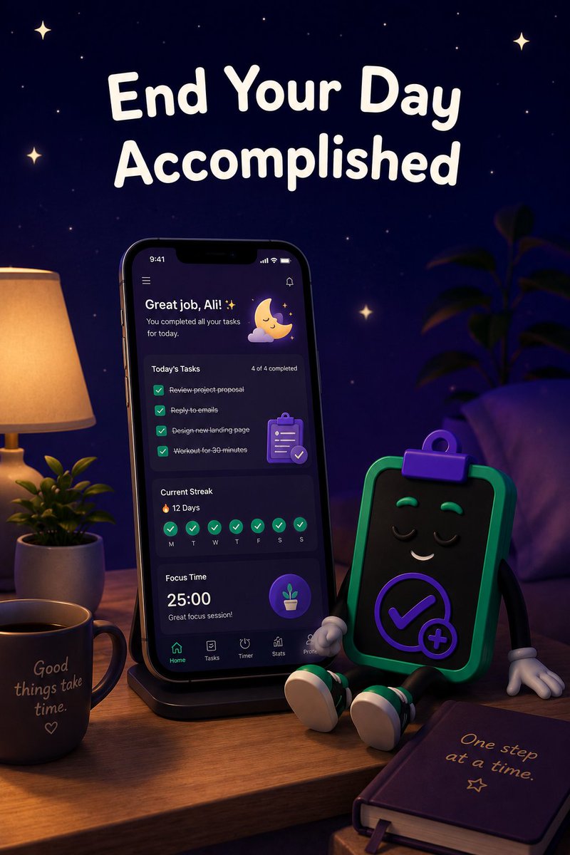 taskkeapp's tweet photo. End your day feeling accomplished with Taskke—the cutest dark-mode task manager and focus timer designed to keep your daily streak alive! 🌙 Check off your to-do list, stay focused, and build better habits effortlessly.
#Taskke #ProductivityApp #TaskTracker #DailyRoutine https://t.co/cABXaO3wbn