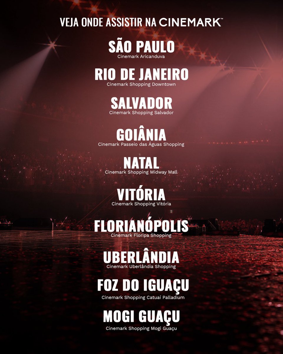 CORTISBRASIL's tweet photo. O Cinemark anunciou novas sessões para a transmissão do show da PRIMEIRA TURNÊ do CORTIS, “PUT YOUR PHONE DOWN IN LA — LIVE VIEWING”, no Brasil. A pré-venda dos ingressos já está disponível. 🚨

As novas sessões podem levar um tempo para aparecer nas plataformas de compra do Cinemark. Caso ainda não estejam disponíveis para a sua unidade, aguarde a atualização do sistema! 

Cinemark Aricanduva — São Paulo/SP
Cinemark Shopping Downtown — Rio de Janeiro/RJ
Cinemark Shopping Salvador — Salvador/BA
Cinemark Passeio das Águas Shopping — Goiânia/GO
Cinemark Shopping Midway Mall — Natal/RN
Cinemark Shopping Vitória — Vitória/ES
Cinemark Floripa Shopping — Florianópolis/SC
Cinemark Uberlândia Shopping — Uberlândia/MG
Cinemark Shopping Catuaí Palladium — Foz do Iguaçu/PR
Cinemark Shopping Mogi Guaçu — Mogi Guaçu/SP

🔗 https://t.co/1Ld0ofyW94 

#CORTIS #코르티스 @cortis_bighit