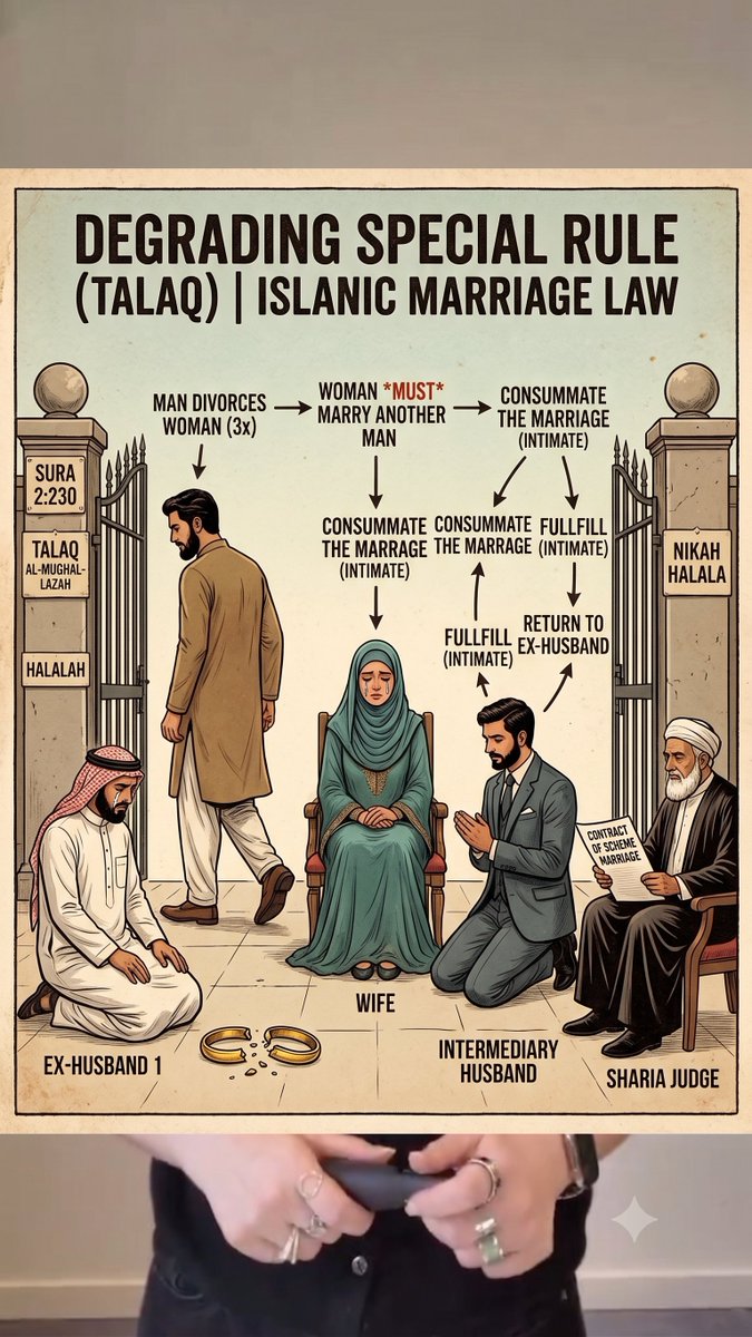 kiankerman's tweet photo. Hier ist eines der idiotischsten islamischen Gesetze, die man sich im Islam vorstellen kann:

🔴Willkommen in der wunderbaren Welt der Scharia – wo ein Mann seine Frau zweimal scheiden und zurückholen darf, aber beim dritten Scheidungsausspruch (Talaq) die „Sonderregel“ nach Sure 2:230 greift:

"Wenn er sich (ein drittes, unwiderrufliches Mal) von ihr scheidet, dann ist sie ihm nicht mehr (als Gattin) erlaubt, ⚠️bevor sie nicht einen anderen Mann geheiratet hat. ⚠️Wenn dieser sich von ihr scheidet, so ist es keine Sünde für die beiden, zu einander zurückzukehren, wenn sie (dabei) glauben, Allahs Grenzen einhalten zu können. Dies sind Allahs Grenzen, die Er Leuten klar macht, die Bescheid wissen."

Wer seine Frau dreimal impulsiv/Anm: aus Wut) scheidet (Talaq al-Mughallazah), kriegt sie nicht einfach so zurück. Die Lösung? Die Frau muss erst einen anderen Mann heiraten, die Ehe muss vollzogen werden(Beischlaf) und erst nach Ablauf der Wartezeit (Iddah - 3 Monate) nach Scheidung oder Tod des Neuen darf der Ex-Mann sie wieder ehelichen.

Ein "vernünftiges" Regelwerk, das angeblich Männer vor voreiligen Entscheidungen bewahren soll, indem es die Frau zur intimen Zwischenstation eines Fremden degradiert. Dieses Scheidungsgesetz ist ethisch völlig daneben, weil es einfach nur unnötiges Leid für die Frau erzeugt. Warum muss bitteschön die Frau dafür büßen, wenn der Mann seine Wut nicht im Griff hat und dreimal die Scheidung ausspricht? Sie wird dabei zum reinen Werkzeug degradiert, das erst mit einem Fremden ins Bett muss, damit der Ex seinen Fehler korrigieren kann. Welche Frau will so einen Mann zurück?
Und Muslime verteidigen dieses Gesetz als "Allahs Weisheit"... Bullshit!