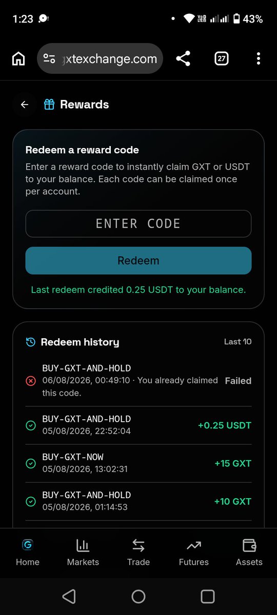 _emu_87's tweet photo. GXT Exchange is giving every new user 50 $GXT (worth around $10) for creating an account.

Instant Free $10 is back.

No KYC. No deposit.

Just a 1-minute claim. 

Claim now: 

• Sign up: https://t.co/myVy3u9HLN

👉Refer Code: 3ED308CD

• Create your account

• Go to Rewards

• Redeem code: 
GXT-LISTING-28TH-AUGUST

• Claim your 50 $GXT

Want more?

• Open the Mining section
• Complete free tasks
• Earn more $GXT

@GXTExchange TGE expected: August 28

No need to deposit . Just claim your free 50 $GXT and wait for further updates.

Drop your screenshot after claiming.

https://t.co/fpFKML8CsD