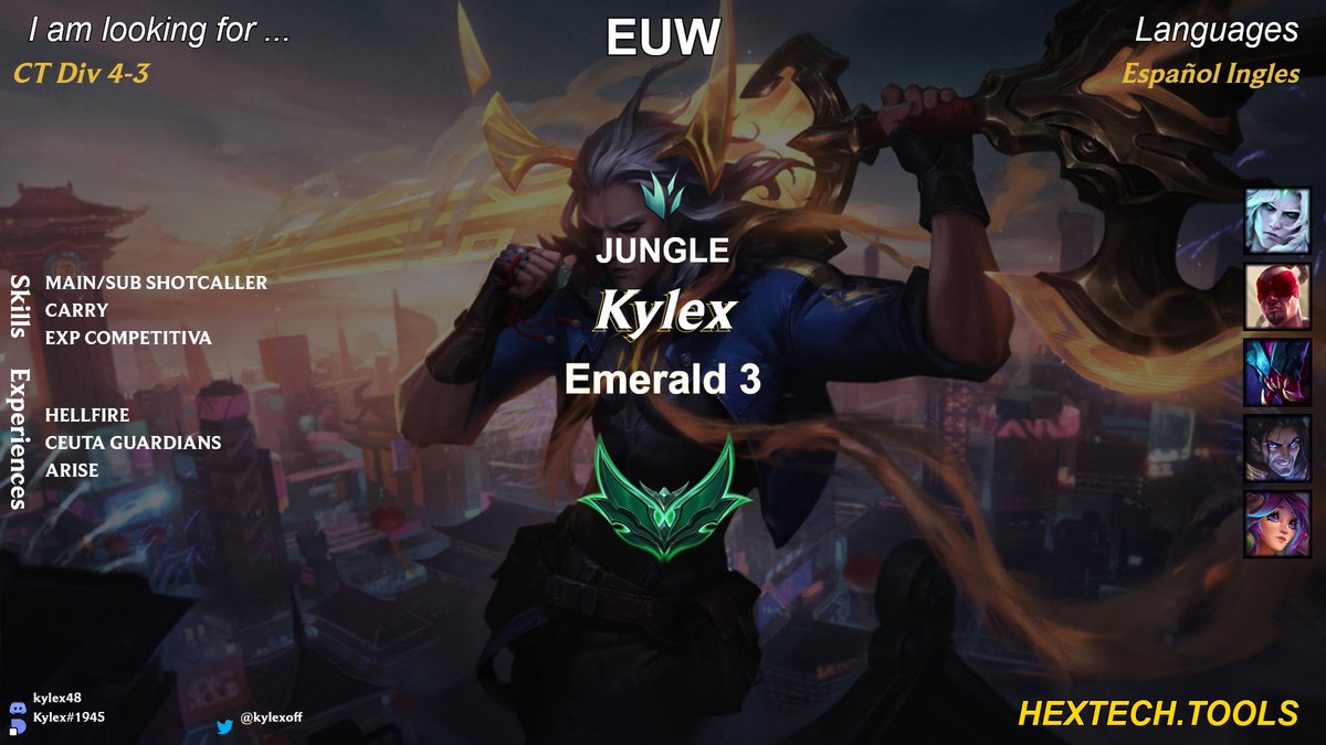 kylexoff's tweet photo. Buenas! Ahora estoy LFT, busco equipo para Div 4-3 de Hextech, sigo currando para salir de esmeralda pero he mejorado una barbaridad estos últimos dos splits de CT y estoy con ganas de demostrarlo, se agradecen RTs ^^

Discord: kylex48 https://t.co/ZSQ8XtNpIo