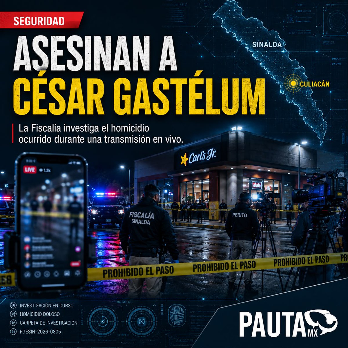 pauta_mx's tweet photo. 🚨 El influencer César Gastélum fue asesinado durante una transmisión en vivo en Culiacán.

La Fiscalía de Sinaloa investiga el homicidio. No hay detenidos ni un móvil confirmado oficialmente.

Más información en #PautaMx. https://t.co/aGLmRVf88N