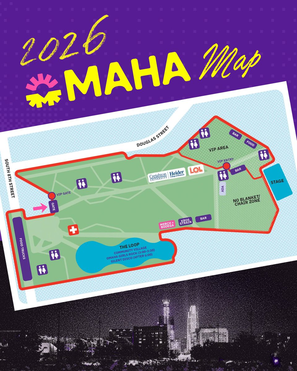 mahafestival's tweet photo. The official Maha Festival Map is here! Save this post now so it's easy to find on festival day. 🎶 Get your tickets at https://t.co/DSm1uq1ayc
#mahafestival2026 #wetleg #brighteyes #killermike https://t.co/tniQwoPh5V