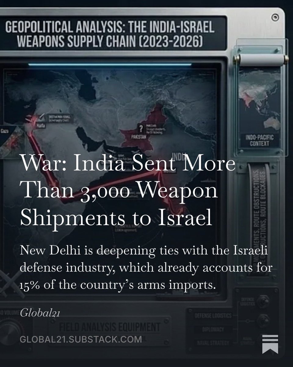 pati_marins64's tweet photo. War: India Sent More Than 3,000 Weapon Shipments to Israel

A report by Amnesty International, confirmed by the Indian government, shows that Israel received 2,596 confirmed shipments of weapons between October 2023 and November 2025. 

These transfers did not stop there. As the organization has confirmed that exports and joint supply chains remain active in 2026, even after repeated international warnings, I dare to state that the total number of shipments, including those conducted in secrecy and those from 2026, exceeds 3,000. 

This places India’s military industry as an active participant in the devastation of Gaza, alongside those of the United States, Germany, the United Kingdom, and other European countries.

In June and July 2026, Amnesty International sent official notifications to the Indian state and to nine companies involved, demanding explanations. No response was received from the authorities by the time the document was published. Meanwhile, the partnership between India and Israel continues to consolidate. 

In June 2026, senior officials from Israel’s Ministry of Defense made official visits to India to align regional security interests and strengthen industrial ties. Indian companies operate in partnership with Israeli defense giants such as Elbit Systems, producing armaments under the Made in India policy. 

Cheap Indian labor is precisely what these corporations seek.
But the exports were not carried out solely by Israeli companies operating in India; they directly involved the Indian government and public-sector companies. 

There were direct shipments of weapons manufactured by enterprises owned by the Indian state itself and controlled by the Ministry of Defense, such as MIL and Yantra. 

Even when production is carried out by an Israeli company operating inside the country, these weapons cannot leave India without explicit approval from the government in New Delhi. 

India’s Ministry of Commerce and its customs authorities had to issue specific military export licenses for each of the shipments sent throughout the conflict.

The Indian government has stated that the country maintains a robust export-control mechanism and that all military transactions comply with international obligations and laws. 

However, there is no dispute over legality here, the core issue is the morality of the act itself.
New Delhi is deepening ties with the Israeli defense industry, which already accounts for 15% of the country’s arms imports. 

Read more:
https://t.co/R8P7eOIcvh