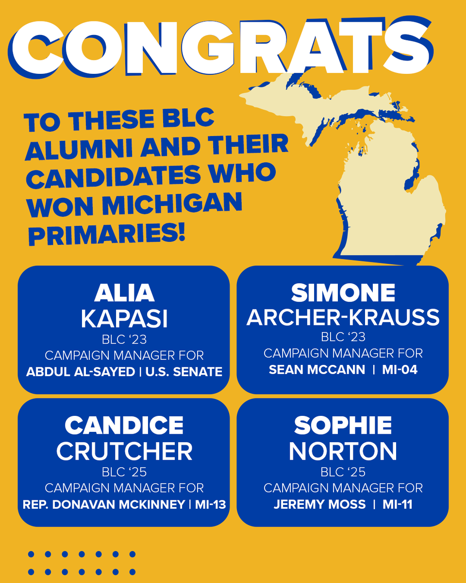 BLCleaders's tweet photo. Huge primary night in Michigan! 🗳️ Huge congratulations to our alumni and their winning campaigns on these big victories! https://t.co/hV837Ik7z4