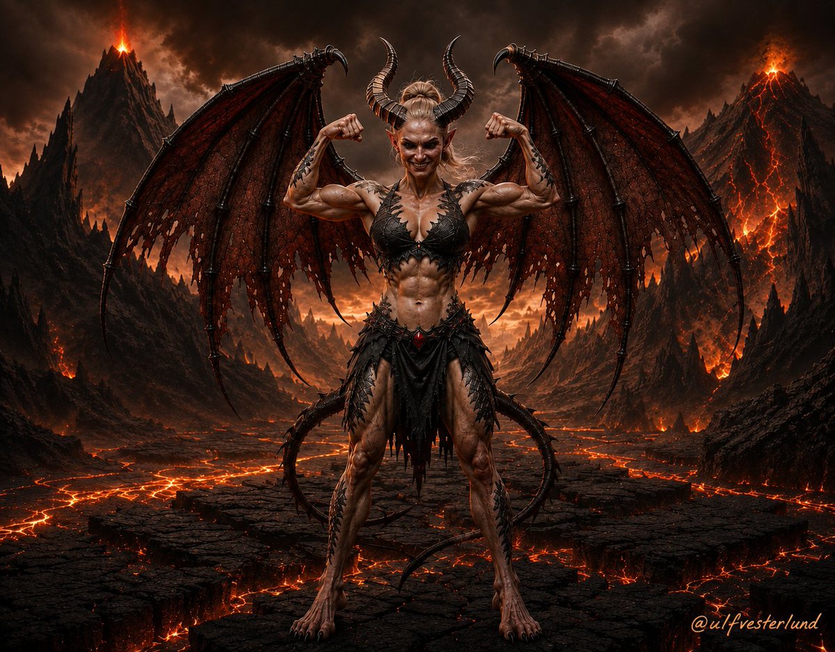 ulfvesterlund's tweet photo. "Sthenara, Daughter of Strength and Flame"

#Fashion #FantasyArt #Demon #Demoness #MuscularWoman #DarkFantasy #DigitalArt #CharacterDesign #Hellscape #DemonGirl #StrongWomen #FantasyCharacter #InfernalBeauty #ArtShare #DigitalArtist https://t.co/L0dh6oO14u