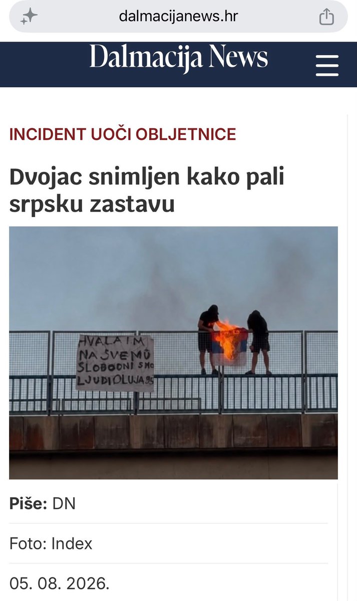 IliZver95346's tweet photo. I dok slave godišnjicu Oluje, iz njih izbija ono što godinama nisu uspeli da sakriju.
Mržnja prema svemu što je srpsko.

Danas, dva ustaška piromana, pale srpsku zastavu, živeći u zabludi da time mogu uništiti Srbiju.
Simbole možete spaliti, ali istoriju, istinu i jedan narod ne možete izbrisati.

Mi i dalje postojimo, i to mnogo, mnogo jači nego što bi vi želeli.
Živeće Srbija!