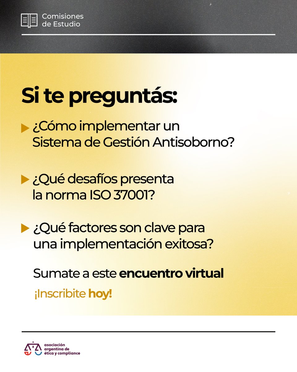 AAECOMPLIANCE's tweet photo. 📌 ¿Cómo implementar un Sistema de Gestión Antisoborno?

El 25/08, Lucía Munafó compartirá un caso práctico de implementación de ISO 37001, junto a Carlos Rozen y Vanesa Carrafiello.

🗓️ 25/08 | 9:00 hs.
👉 Inscribite en: https://t.co/GPHnXzcOhK https://t.co/Byyq2CNPmy