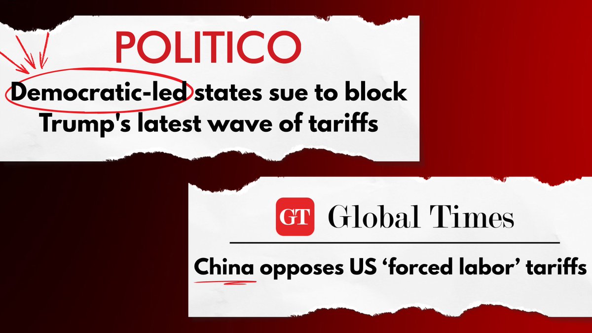 USTradeRep's tweet photo. It’s official: Twenty-five Democrat-run states, spanning from Michigan to California, have made their priorities clear: foreign sweatshops come before protecting hardworking Americans.

This week, these Democrat leaders asked the courts to offer a free ride to foreign countries that allow trade in goods produced with forced labor. While the Trump Administration is imposing costs on countries that refuse to ban or effectively block goods made in modern slavery conditions from entering their markets, these Democrats want to give them a pass.

Unsurprisingly, these Democrat leaders are taking the same position as the Chinese government. Their mental gymnastics are hard to understand, so buckle up…