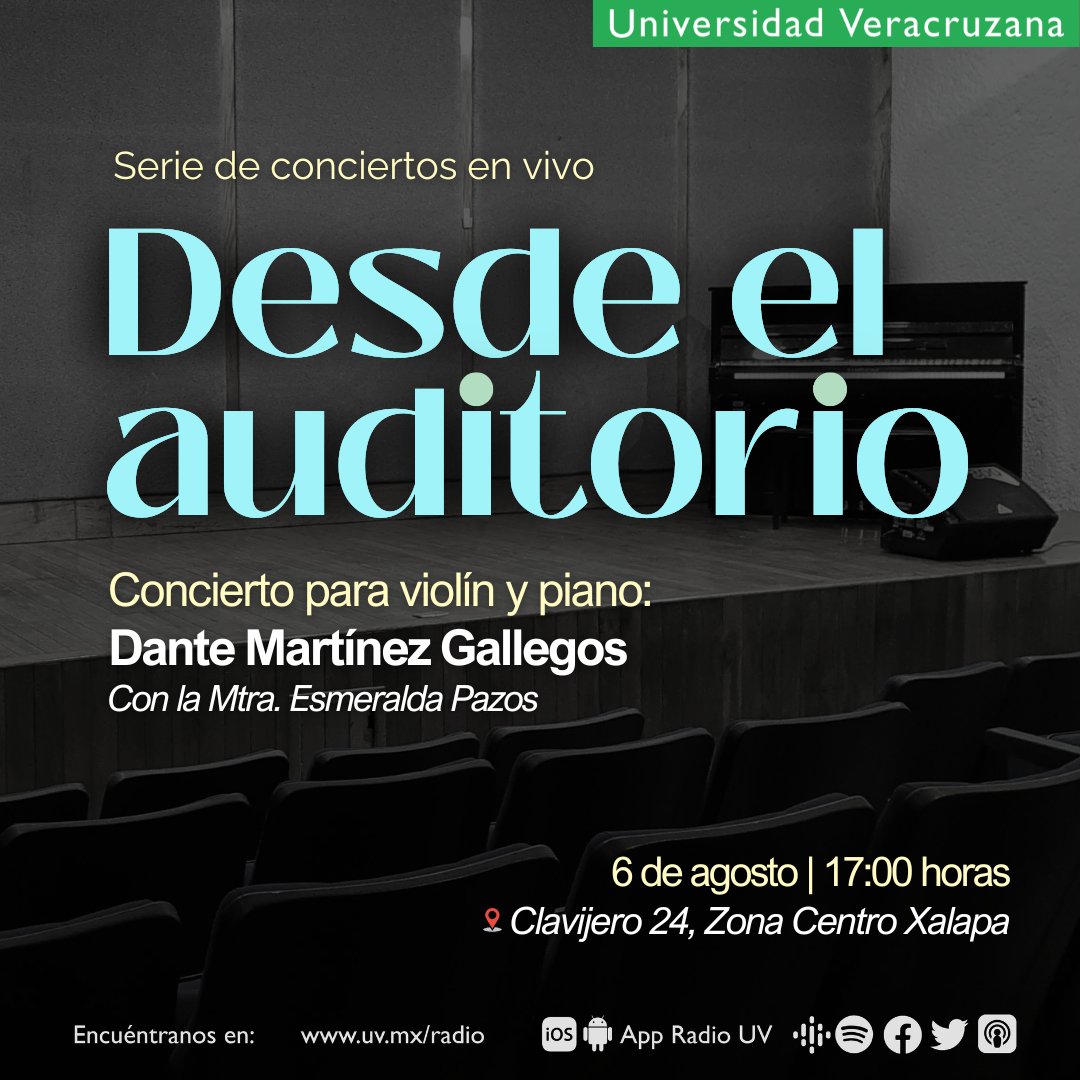 RadioUV's tweet photo. Regresan los conciertos en vivo en #DesdeElAuditorio. 🎻

Acompáñanos esta tarde con la música de Dante Martínez Gallegos en el violín y la Mtra. Esmeralda Pazos en el piano.

📻 17:00 h | 90.5 FM | Radio UV
📍 Clavijero 24, Col. Centro https://t.co/mkv12yg7S0