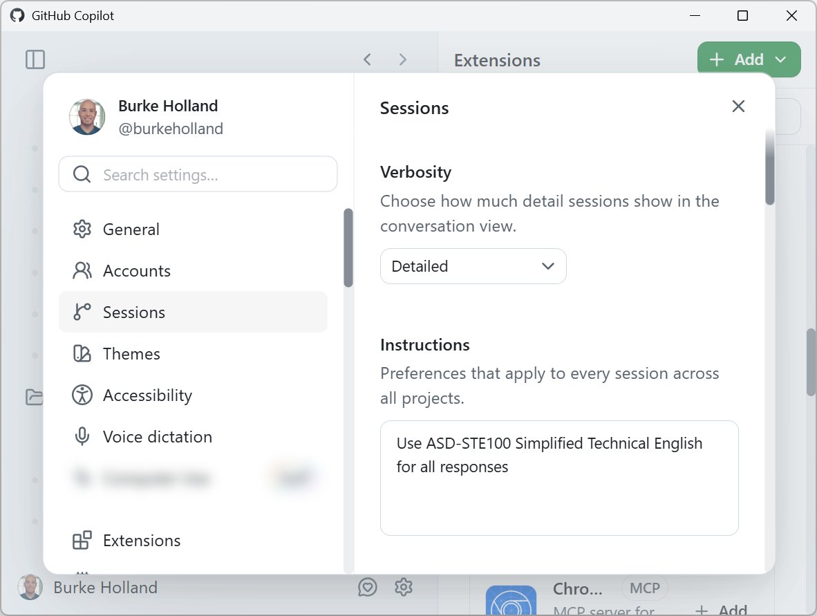 GitHub Copilot app settings showing session verbosity and persistent instructions across projects