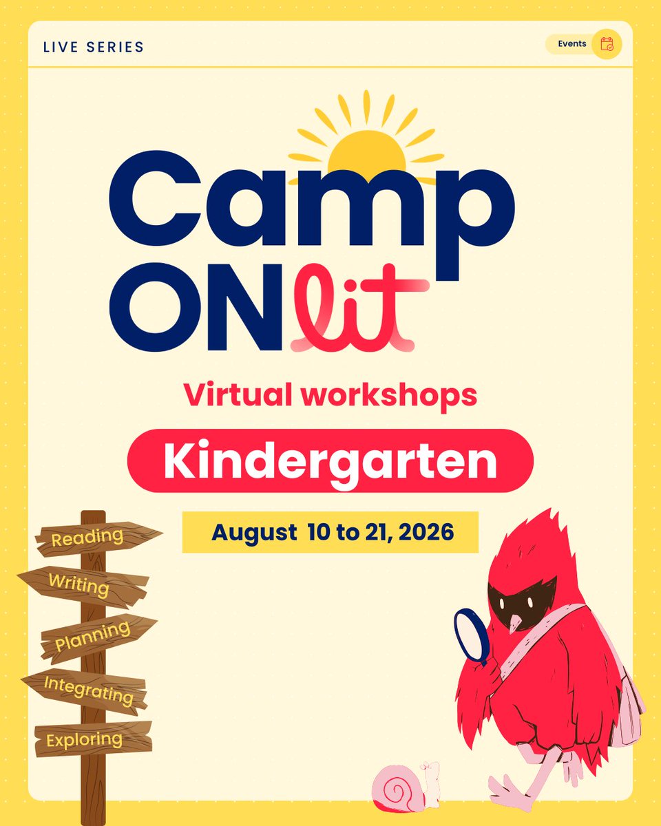 ONlit_social's tweet photo. Calling all Kindergarten educators!

Join us at Camp ONlit, August 10 to 21, for practical ideas on embedded mnemonics, literacy throughout the flow of the day, and joyful oral language instruction.

Register: https://t.co/WuWFniq4IS https://t.co/muZeTnO507