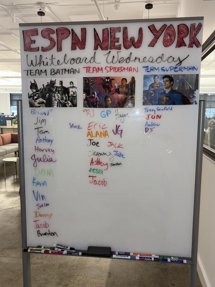 ESPNNewYork's tweet photo. 🚨 @ESPNNewYork’s WHITEBOARD WEDNESDAY ‼️

Are you Team Batman, Team Spiderman or Team Superman?

TOP VOTE GETTERS:
Team Spiderman - 15 votes
Team Batman - 13 votes
Team Superman - 4 votes

Comment below your vote and stay tuned for more Whiteboard Wednesdays! ⤵️ https://t.co/qZO604SubR