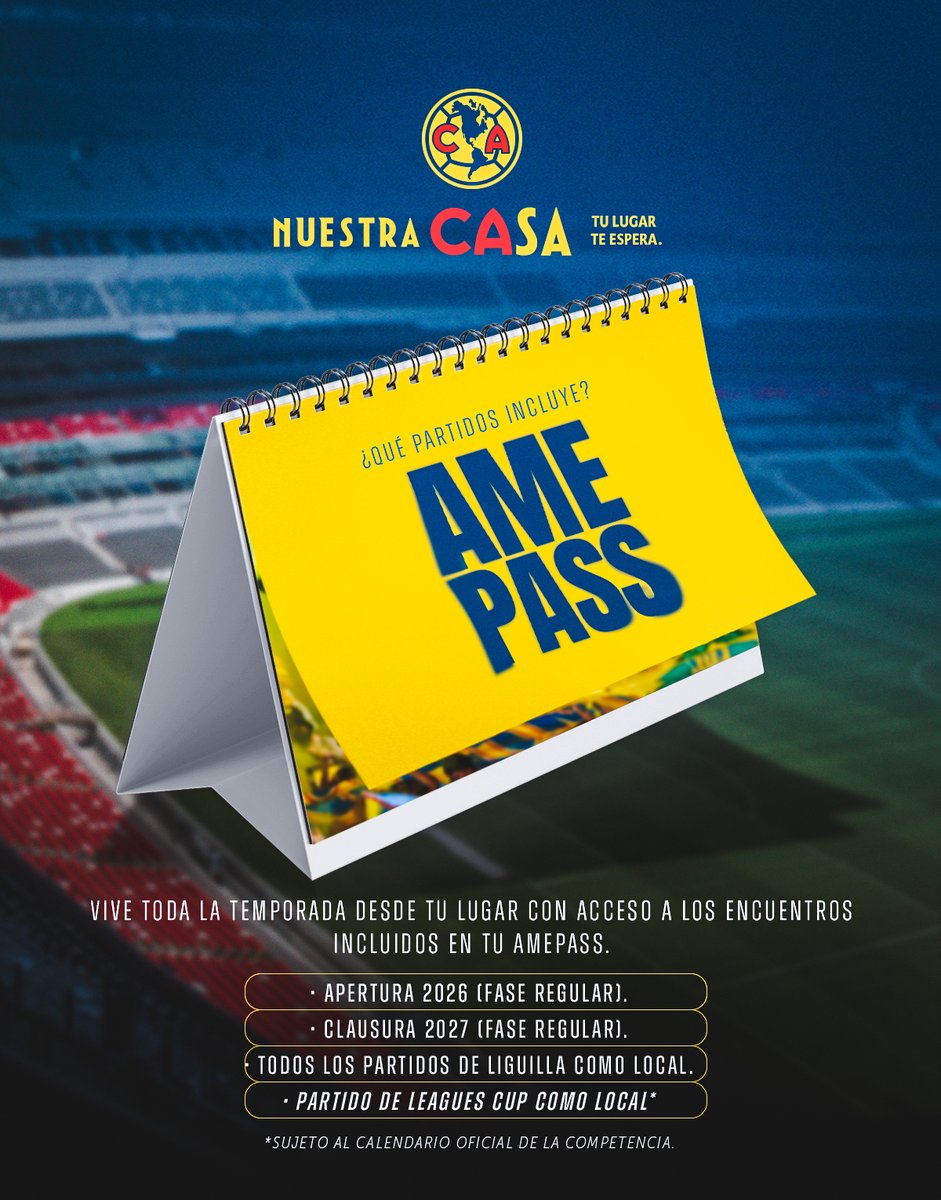 ClubAmerica's tweet photo. ¡Tu AmePass está lleno de partidos en el Estadio Banorte! ⚽️🔥

◾️ Apertura 2026 (fase regular)
◾️ Clausura 2027 (fase regular)
◾️ Juegos de Liguilla
◾️ Leagues Cup como local

Únete ahora mismo y luchemos juntos en todo momento, tu lugar te espera ➡️ https://t.co/xsylooo9AC https://t.co/B4WqjbU787